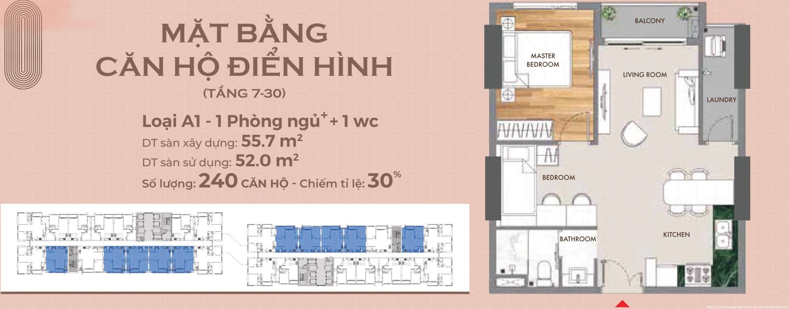 Mặt bằng căn hộ loại A1 tầng 7-30 Phú Đông Sky One