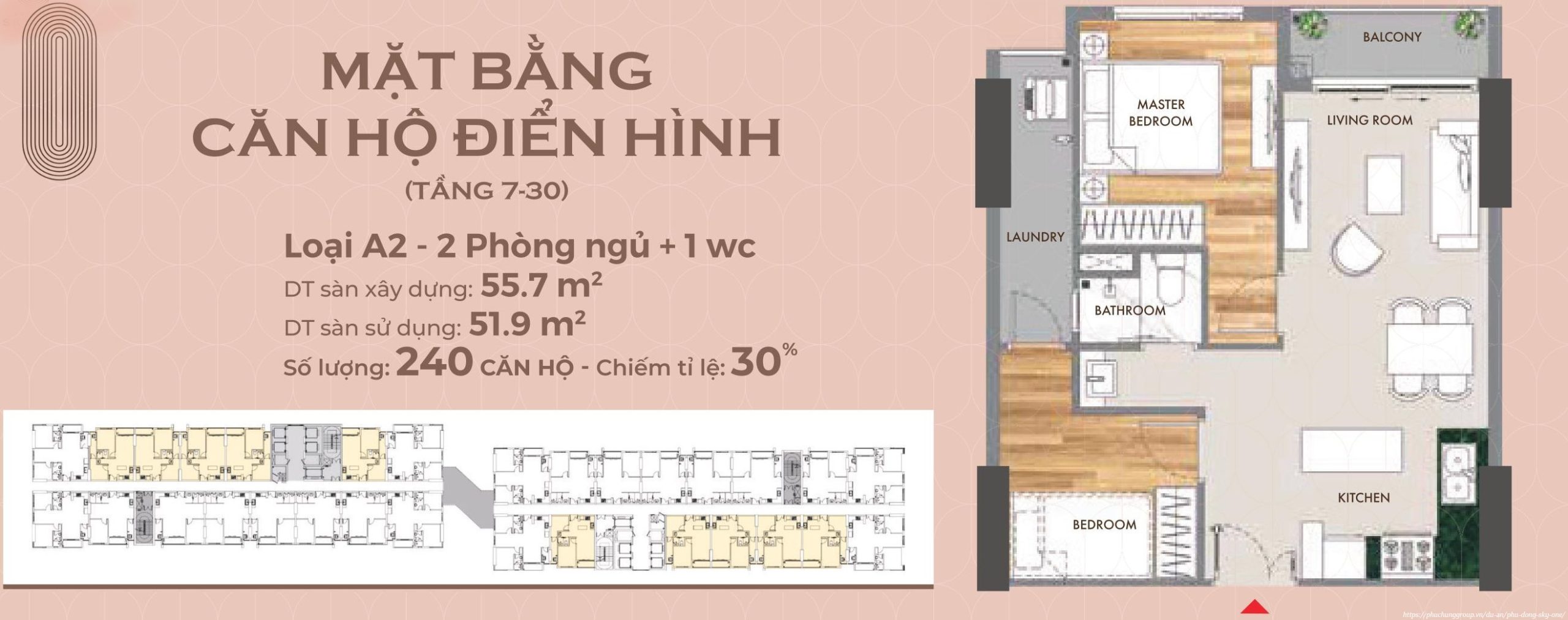 Mặt bằng căn hộ loại A2 tầng 7-30 dự án SkyOne Phú Đông